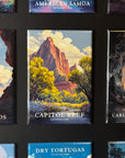 a collection of magnets depicting various landscapes, including mountains, forests, and bodies of water.