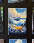a collection of magnets depicting various scenes, including a landscape with a lake and mountains, a forest, and a rocky outcrop.