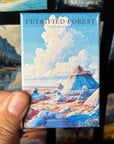 A hand holding a magnet with an illustration of a mountainous landscape, with the text "PETRIFIED FOREST NATIONAL PARK" printed on it.