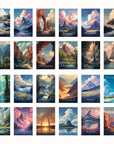 a collection of 16 landscape paintings or illustrations, each depicting a different natural scene, such as mountains, valleys, forests, and bodies of water. The artworks showcase a variety of colors, styles, and perspectives, creating a diverse and visually engaging collection.