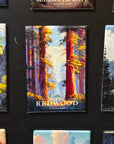 a collection of landscape magnets, with one prominently displaying a painting of a redwood forest.