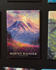 a collage of various landscape scenes, including a mountain, a bridge, and a field of flowers. The text "Mount Rainier" and "National Park" are visible, indicating that these are landscape scenes from a National Park.