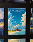 a collection of magnets depicting various scenes, including a beach, mountains, and a lighthouse. The magnets are arranged in a grid-like pattern, with the central one being the focal point.