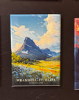 a collage of three landscape paintings, each depicting a different mountain range. The paintings are titled "Wrangell-St. Elias National Park" and are displayed on a black background.