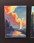 a collection of landscape magnets, including a magnet depicting a scenic view of Yellowstone National Park.