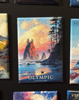a collection of magnets depicting various landscapes, including mountains, forests, and bodies of water.
