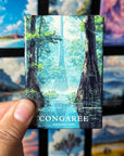 A hand is holding a magnet with a picture of a forest scene, specifically Congaree National Park, with the text "CONGAREE NATIONAL PARK" visible.