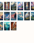 a collection of twelve landscape paintings, each depicting a different scenic location. The paintings showcase a variety of natural landscapes, including mountains, forests, rivers, and other elements of nature. The art style is vibrant and colorful, capturing the beauty and essence of each scene.