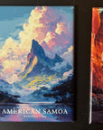 a landscape with mountains, clouds, and a body of water, with the text "AMERICAN SAMOA NATIONAL PARK" prominently displayed.