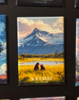 a collage of various landscape scenes, including a mountain range, a river, and a field with two bears. The collage is framed by a black border, and the text "KATMAI NATIONAL PARK" is visible, indicating the theme or subject of the images.