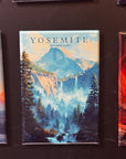 a framed print of a scenic mountain landscape with a waterfall, surrounded by pine trees.
