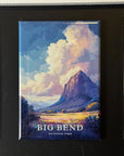 a large, colorful painting of a mountain landscape with clouds, which is a representation of Big Bend National Park.