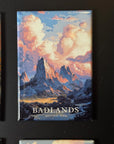 a large magnet with a painting of a mountainous landscape, depicting the Badlands National Park.