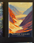 The image is a framed magnet depicting a scenic view of Death Valley National Park, with mountains, valleys, and a river flowing through the landscape.