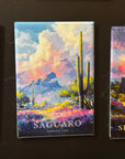 a collage of three landscape magnets depicting various scenes, including a desert landscape with cacti and mountains, a colorful sunset, and a field of flowers.
