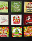 nine colorful magnets with Christmas-themed designs and phrases.