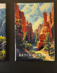 The image is a framed magnet depicting a scenic view of Bryce Canyon National Park, showcasing the iconic red rock formations and lush vegetation.