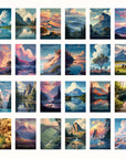 a collection of 16 landscape paintings, each depicting a different mountain range or natural scenery. The paintings showcase a variety of colors, styles, and perspectives, creating a diverse and visually appealing collection.