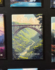 a collage of various landscape scenes, including a bridge over a river, mountains, and forests.
