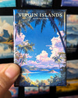 A hand holding a magnet with a tropical island landscape, including palm trees, a blue sky, and a body of water.