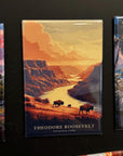 a magnet depicting a scenic landscape with a river, mountains, and wildlife, including two bison.