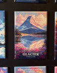 a collection of magnets depicting various natural landscapes, including mountains, lakes, and forests.