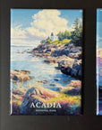 A framed collage of two pictures depicting scenic landscapes in Acadia National Park, Maine.