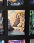 a collection of magnets or postcards featuring various landscapes, including mountains, cliffs, and bodies of water. The magnets are arranged in a grid-like pattern, with each one showcasing a different natural scene. The magnets are not described in detail, and the focus is on the visual content rather than providing specific information about each image.