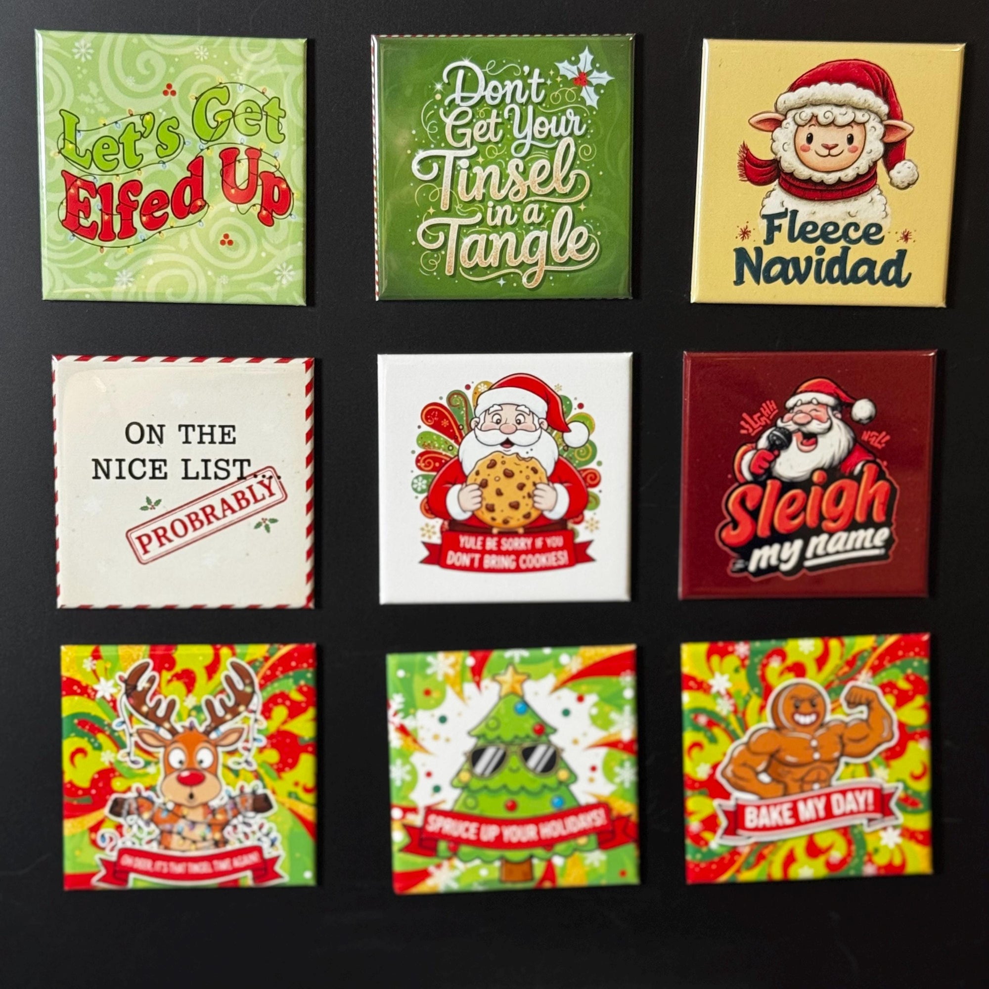 nine colorful magnets with Christmas-themed designs and phrases.