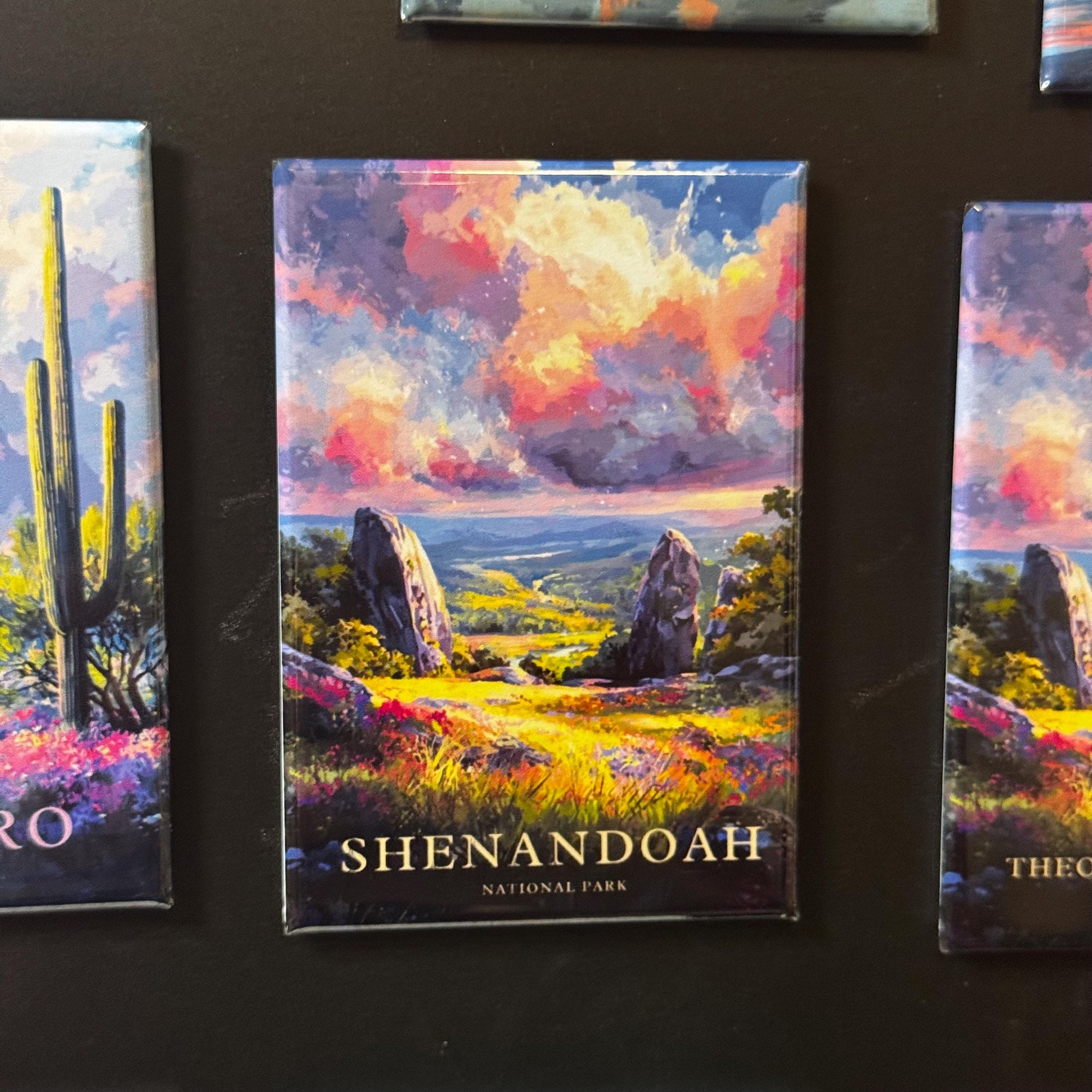 a collage of three magnets depicting landscapes, with the central magnet labeled "Shenandoah National Park".