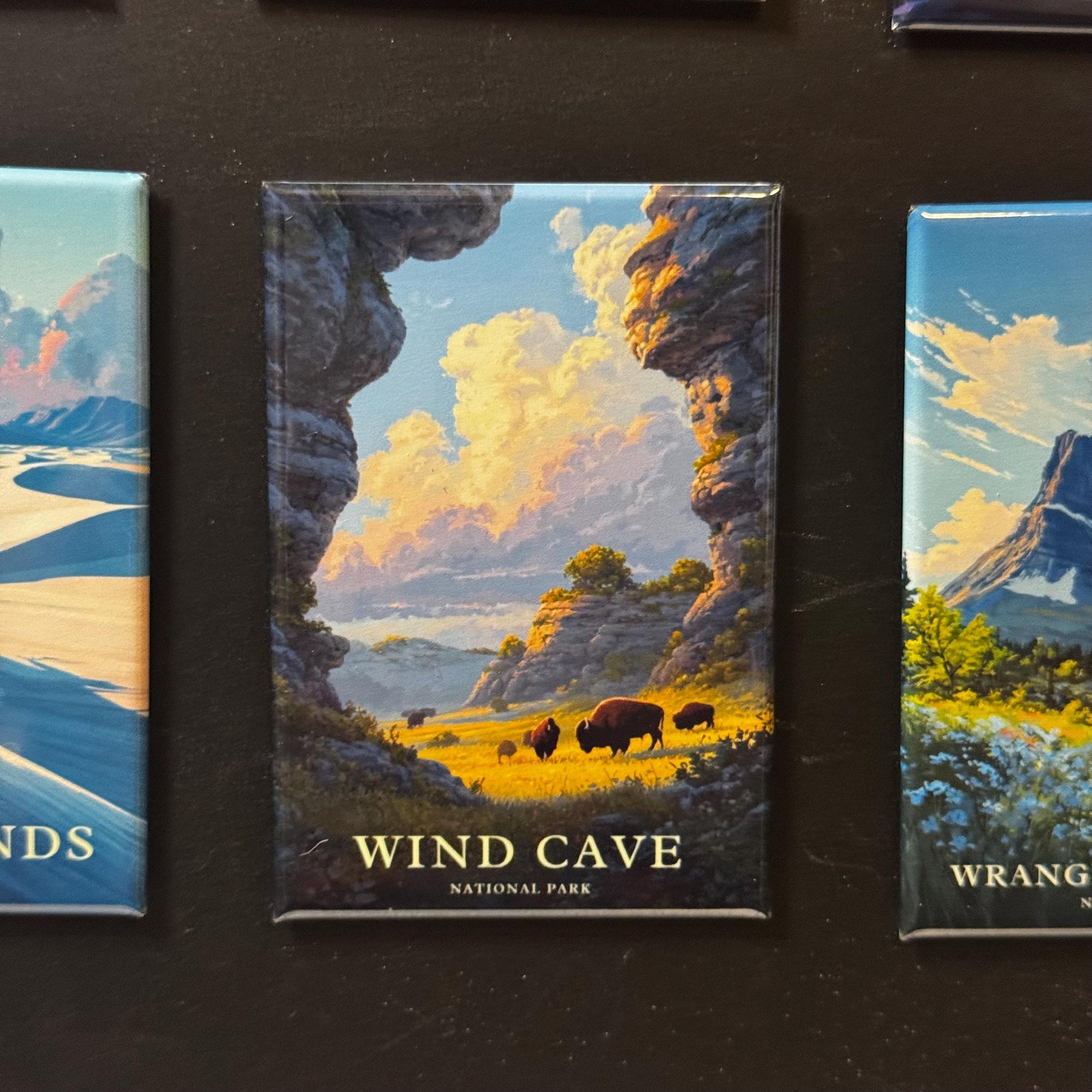 three magnets depicting different scenes from the Wind Cave National Park.