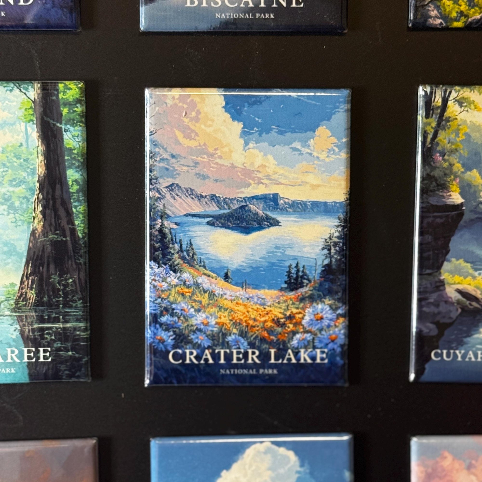 a collection of magnets depicting various scenes, including a landscape with a lake and mountains, a forest, and a rocky outcrop.