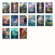 a collection of twelve landscape paintings, each depicting a different scenic location. The paintings showcase a variety of natural landscapes, including mountains, forests, rivers, and other elements of nature. The art style is vibrant and colorful, capturing the beauty and essence of each scene.