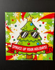 A Christmas tree wearing sunglasses and a red ribbon with the text "Spruce up your holidays!" against a background of snowflakes and other holiday decorations.