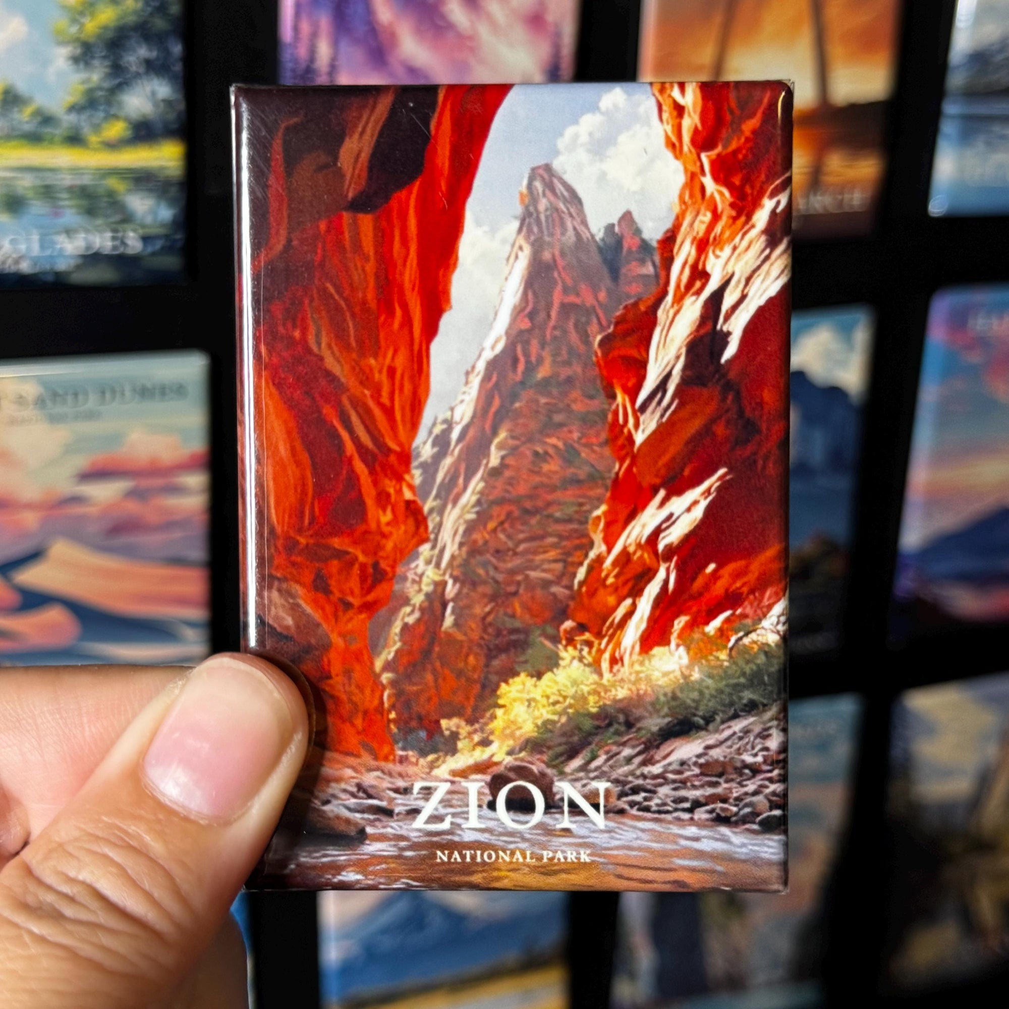 A hand holding a magnet with a colorful image of a canyon, specifically the Zion National Park.