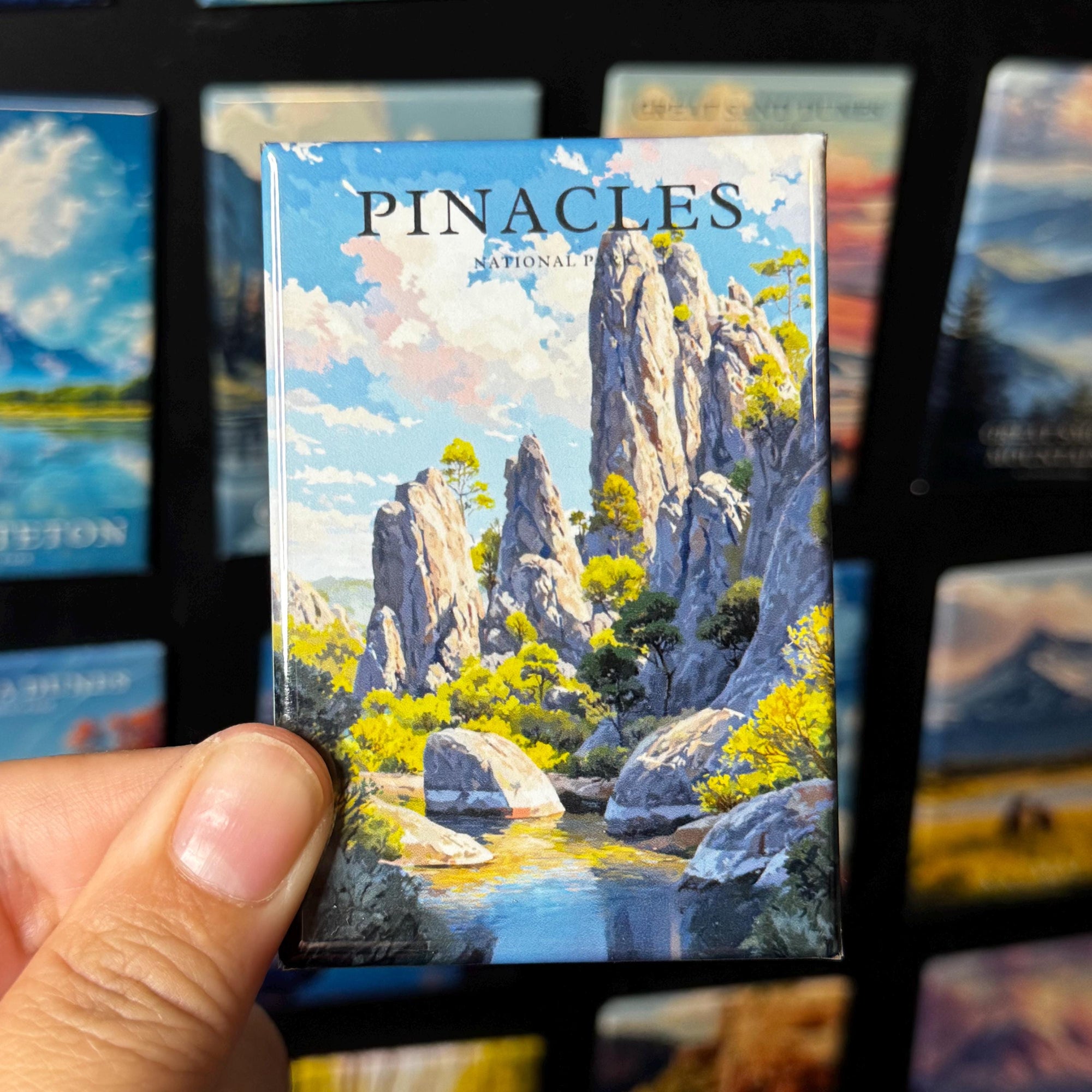 A hand holding a magnet depicting a scenic landscape with mountains, trees, and a river.