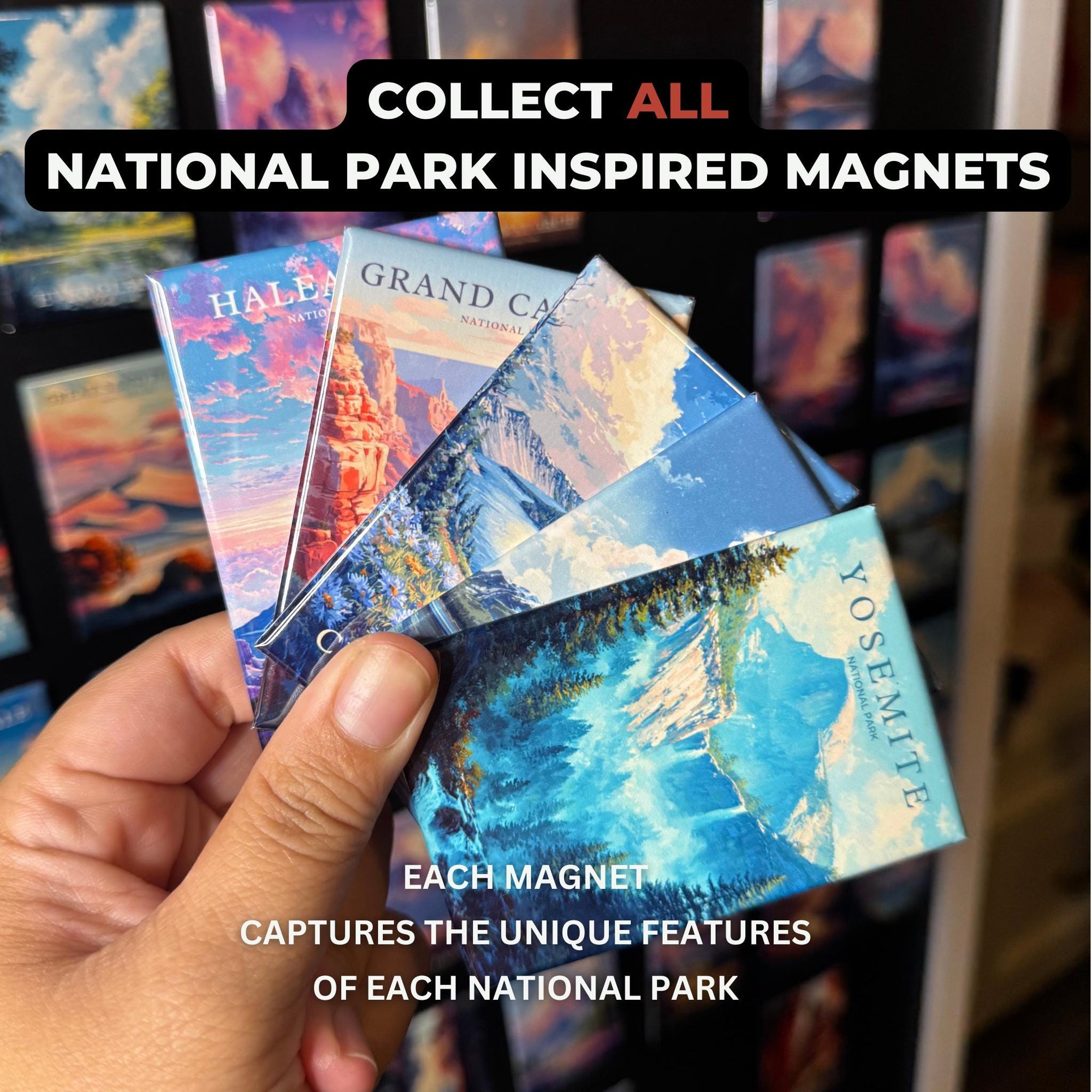 A hand holding a collection of four national park-inspired magnets, each depicting a unique landscape.