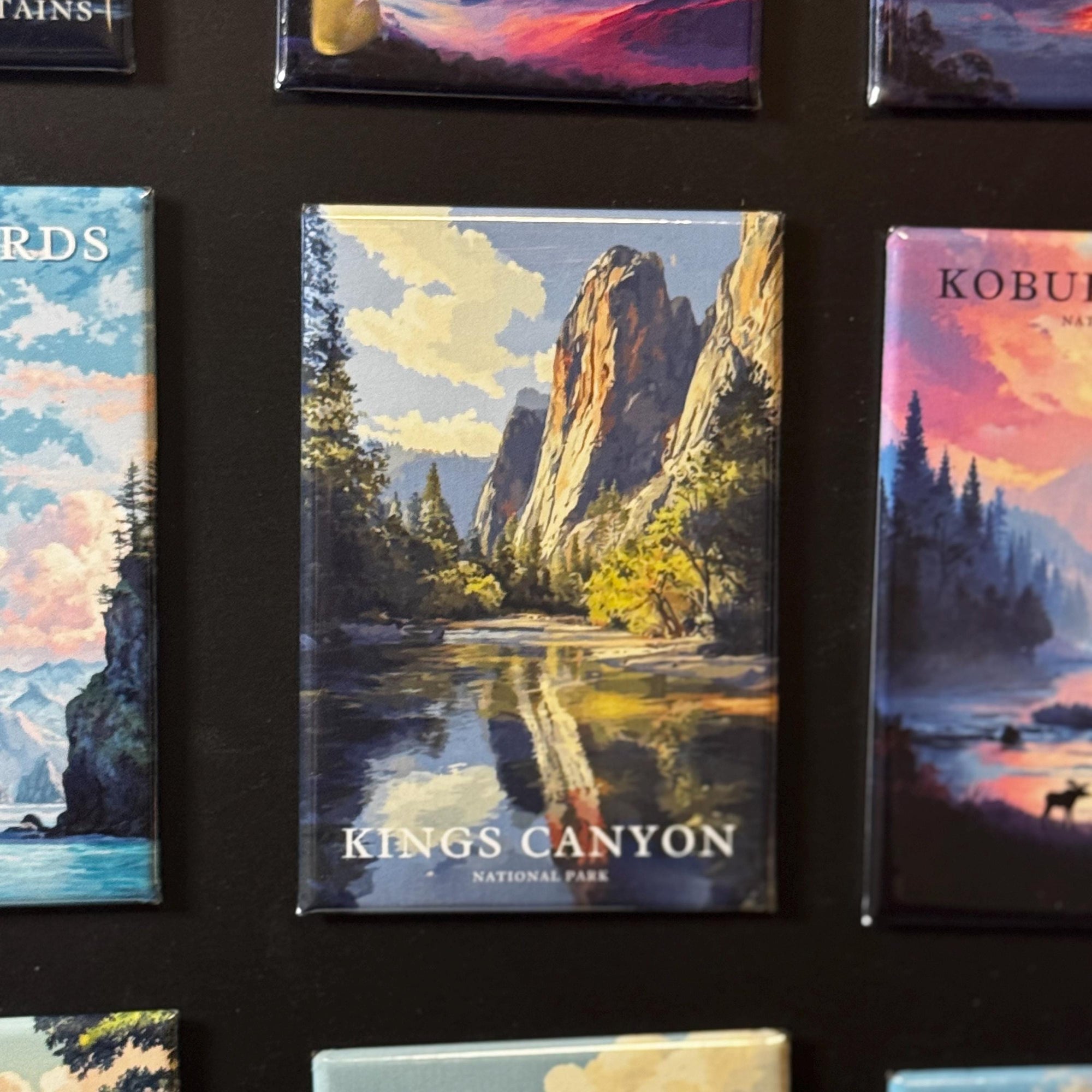 a collection of magnets depicting various landscapes, including mountains, forests, and bodies of water. The magnets are arranged in a grid-like pattern, showcasing the diverse scenery of the world.