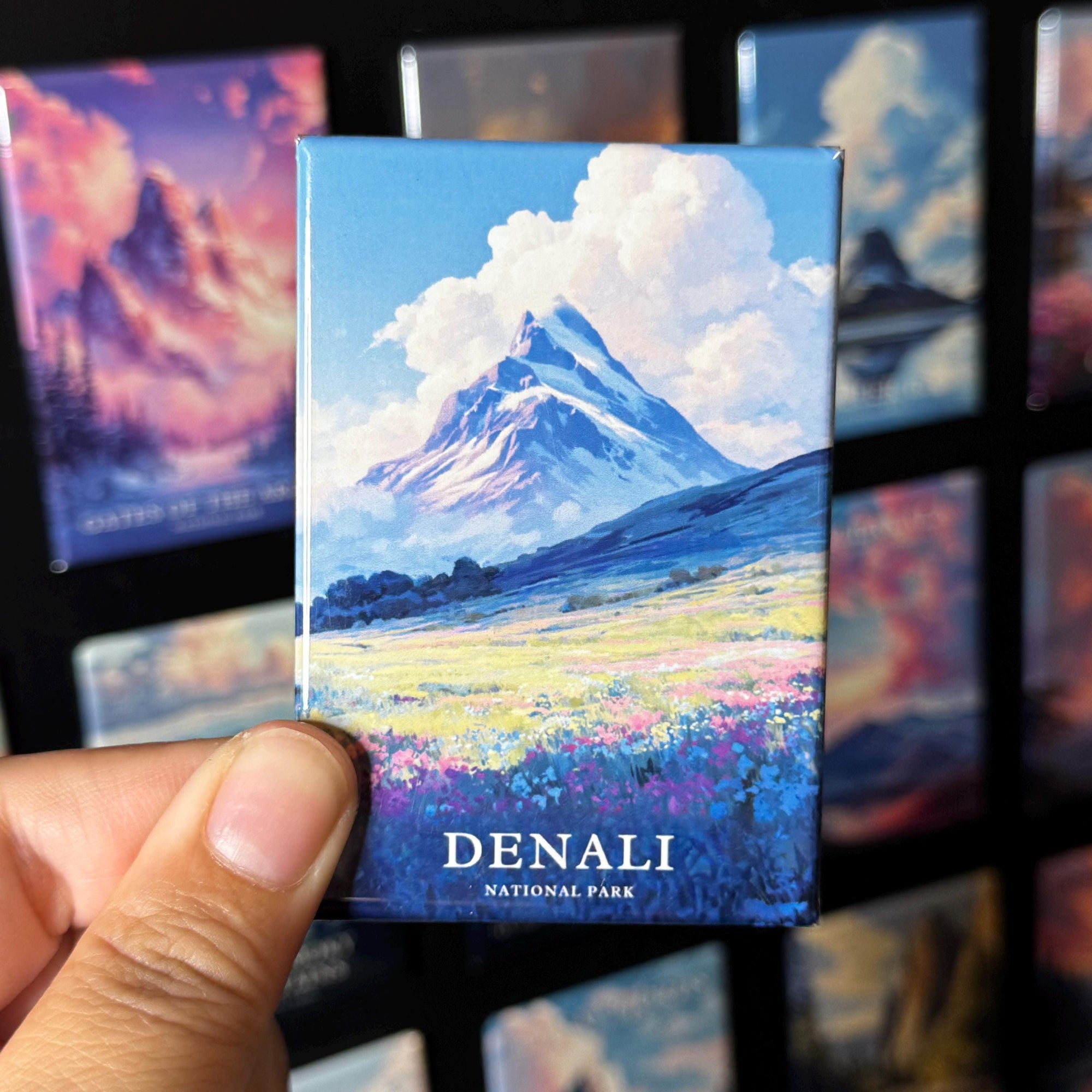 A hand holding a magnet with a mountain landscape and clouds on it, with the word "DENALI" written below the image.