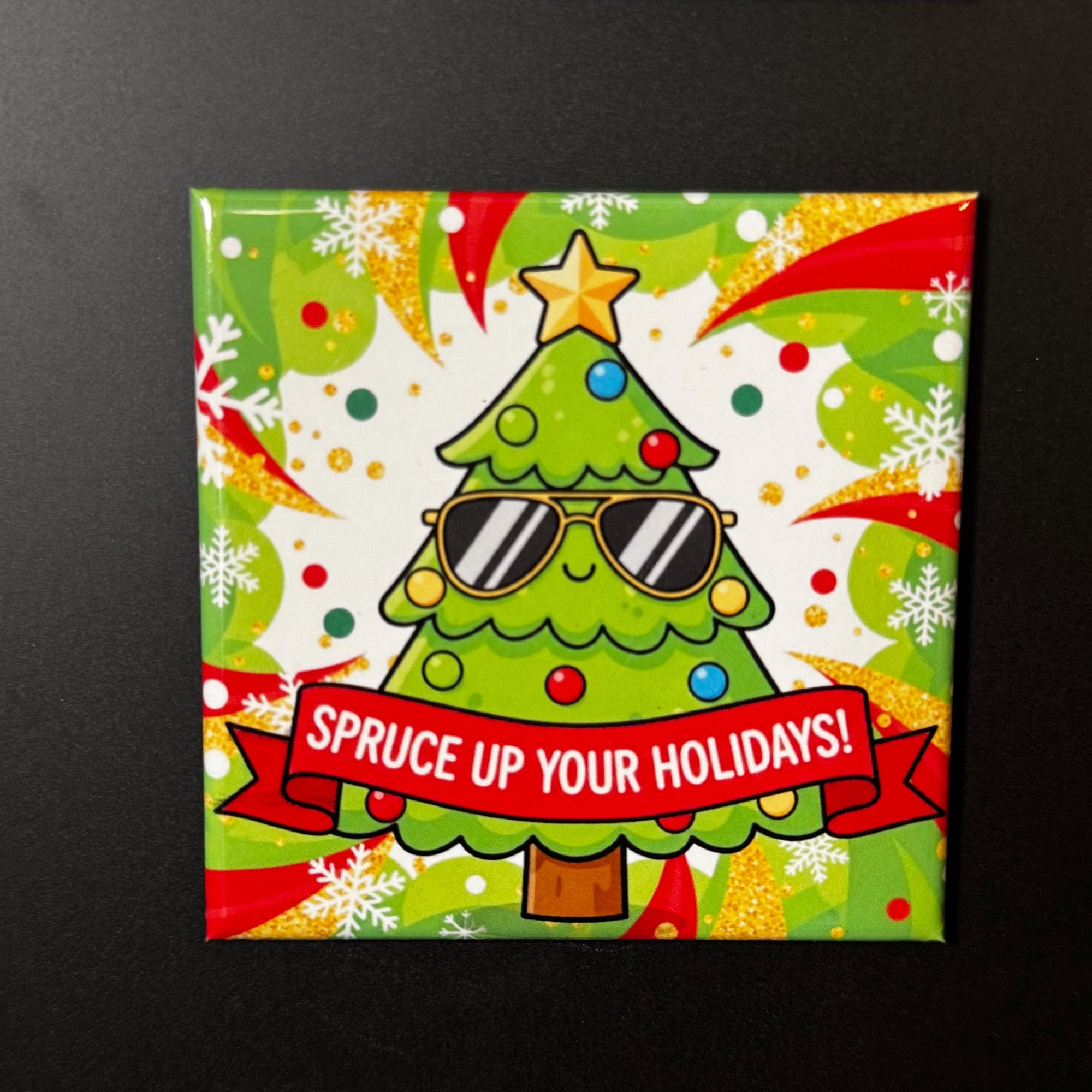 A Christmas tree wearing sunglasses and a red ribbon with the text "Spruce up your holidays!" against a background of snowflakes and other holiday decorations.
