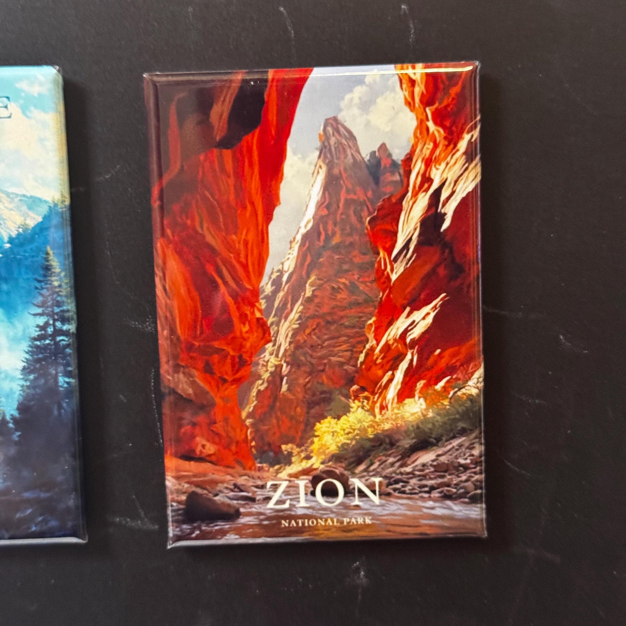 A magnet depicting a scenic view of the canyon of Zion National Park, with towering red rock formations and a bright sky.
