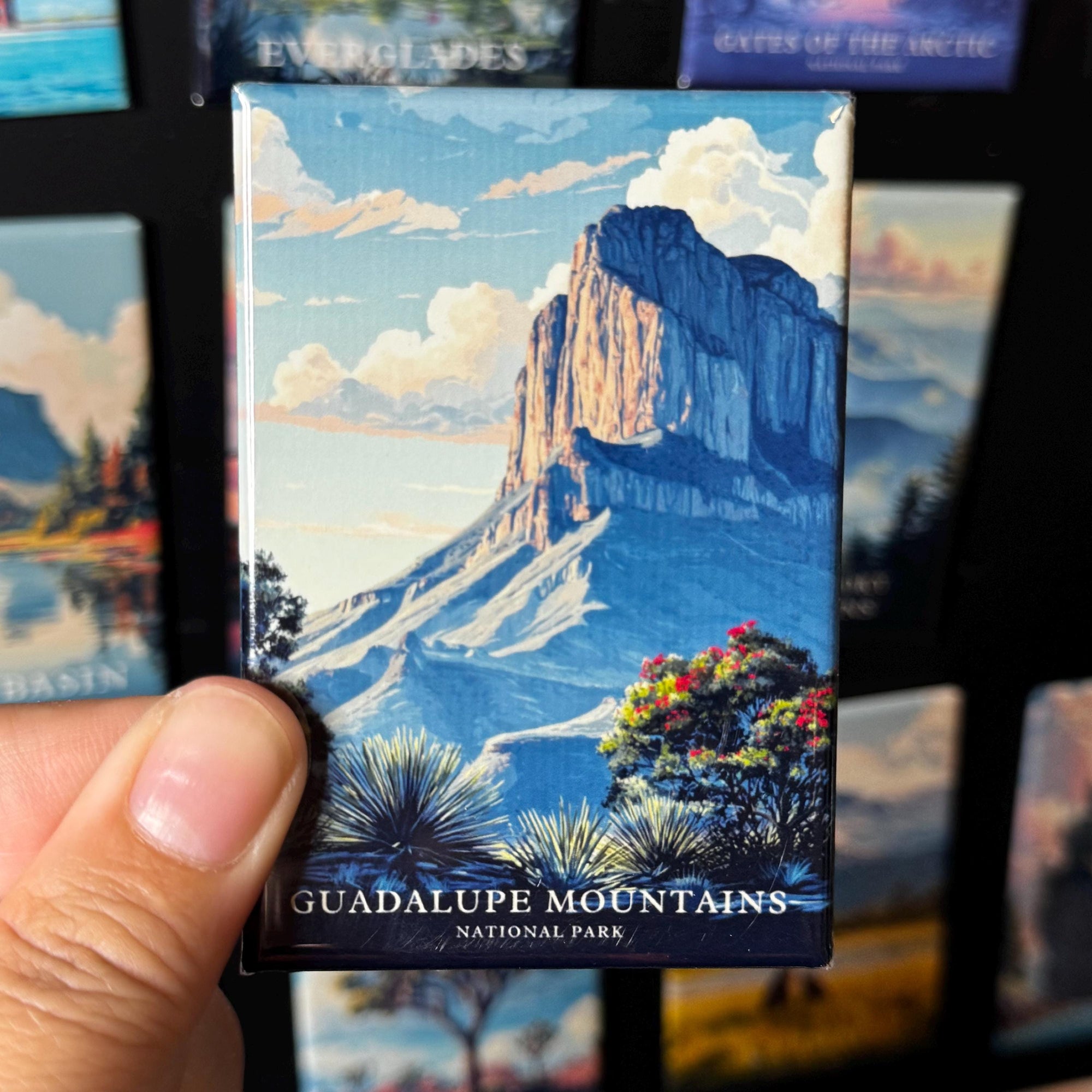 A hand holding a magnet with a scenic image of the Guadalupe Mountains National Park.