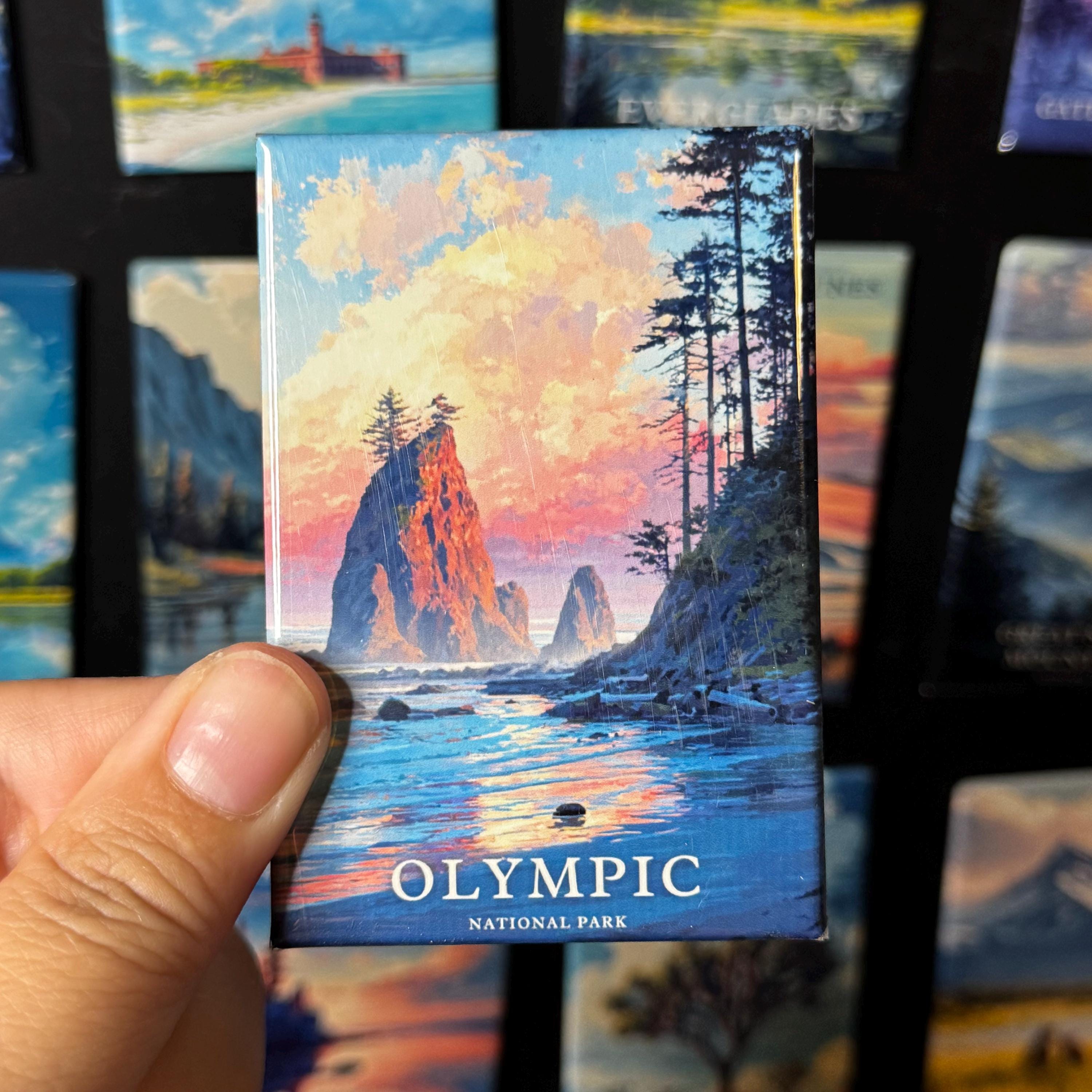 A hand holding a magnet with a scenic landscape of a mountain and a body of water, with the text "OLYMPIC NATIONAL PARK" visible.