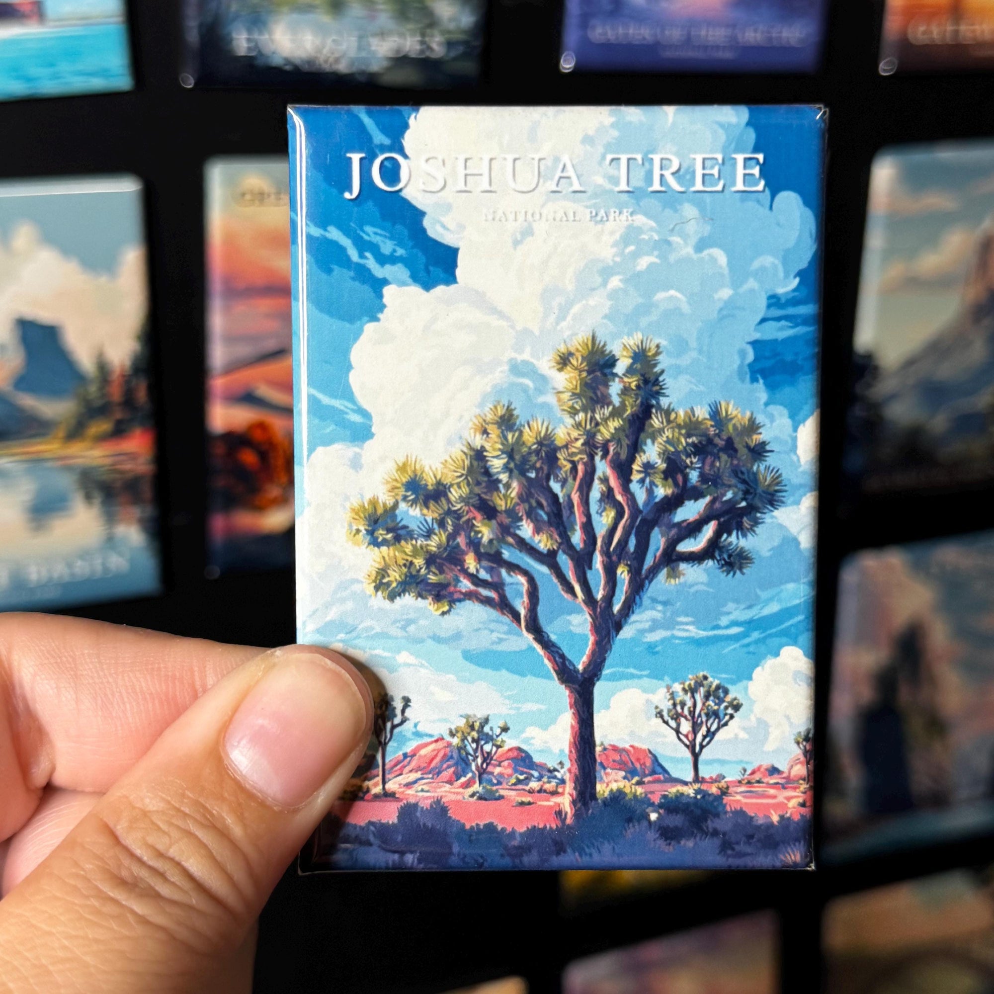 A hand holding a magnet with a picture of a Joshua tree in a desert landscape.