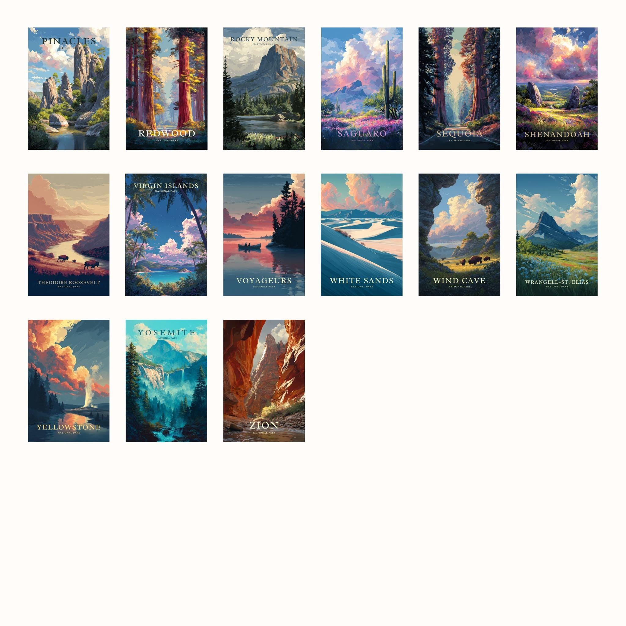 a collection of twelve landscape paintings, each depicting a different scenic location. The paintings showcase a variety of natural landscapes, including mountains, forests, rivers, and other elements of nature. The art style is vibrant and colorful, capturing the beauty and essence of each scene.