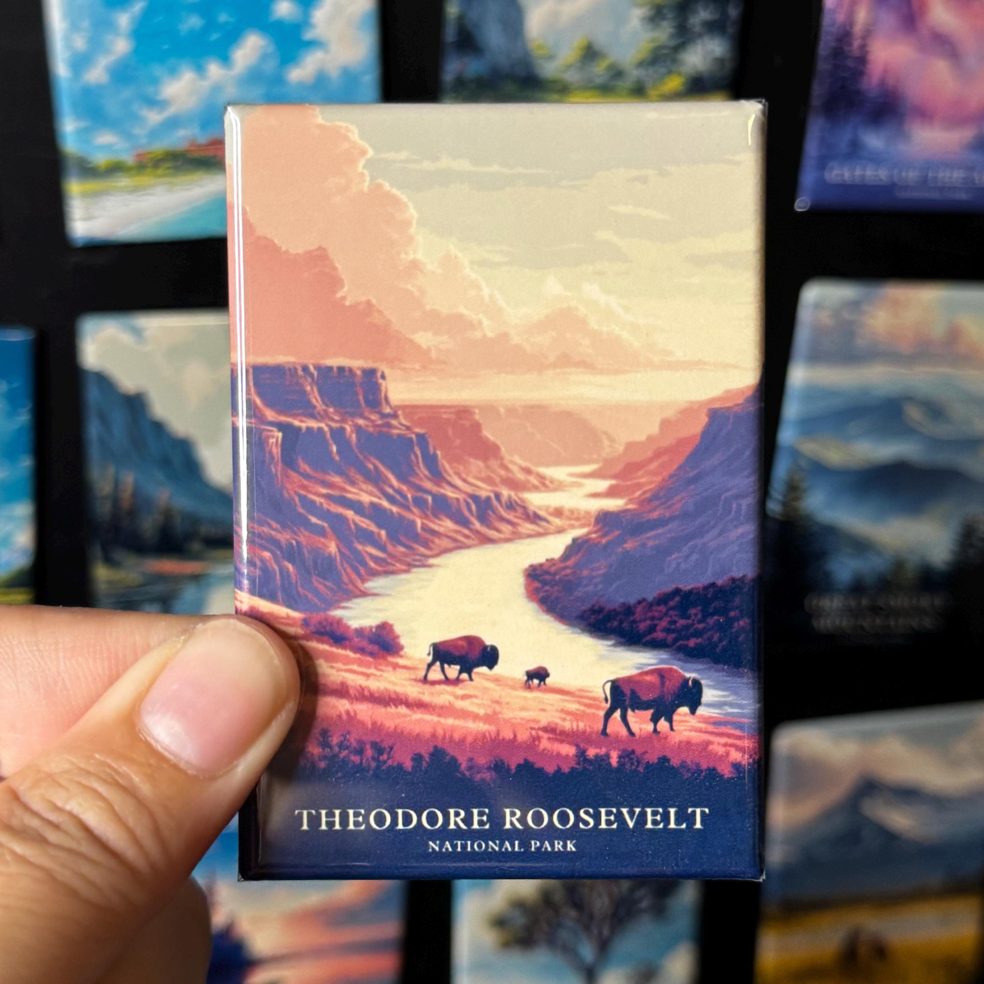 A hand holding a magnet with a scenic landscape of Theodore Roosevelt National Park, featuring a river, mountains, and wildlife.