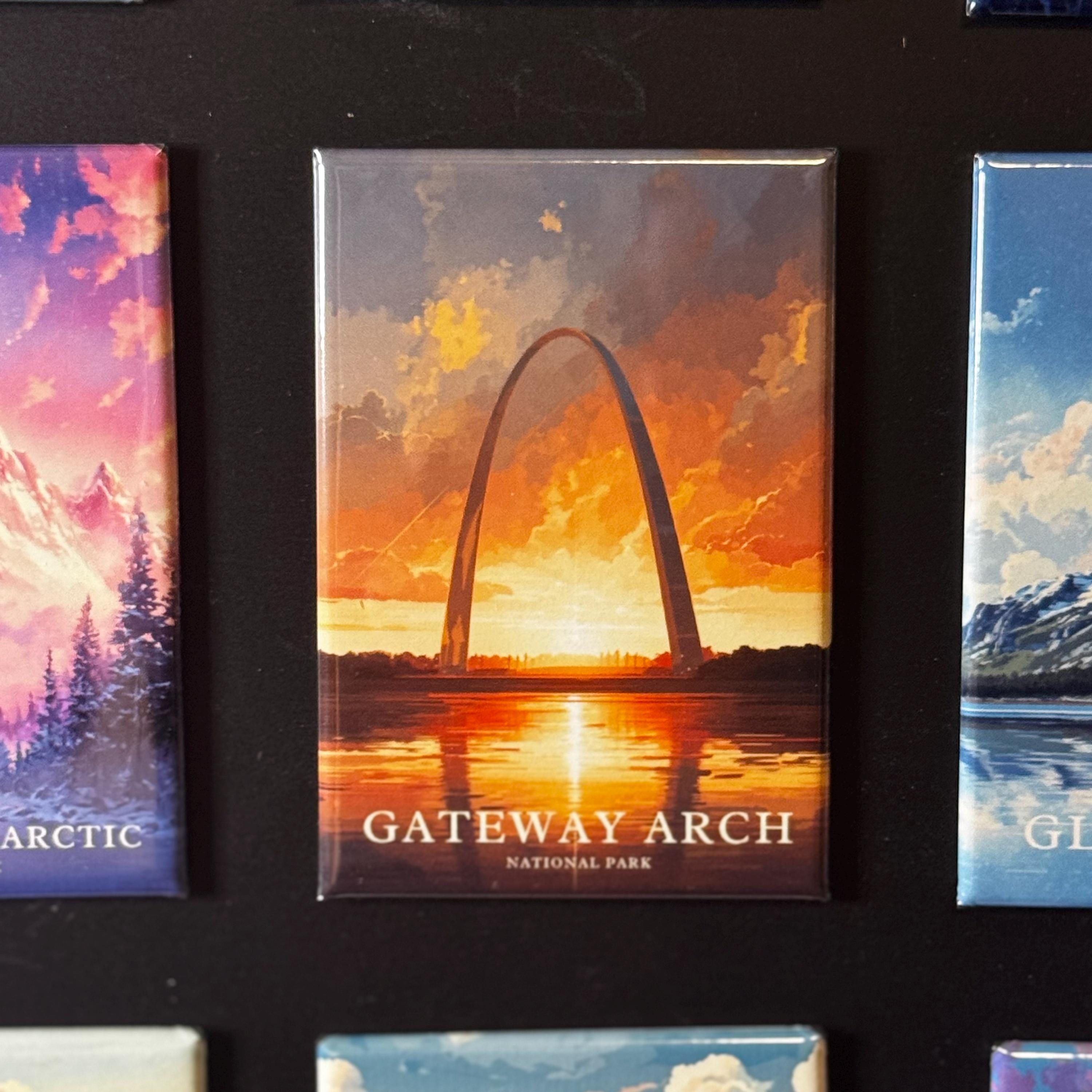 a magnet depicting the Gateway Arch, a famous landmark in Gateway Arch National Park.