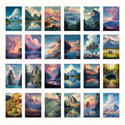 a collection of 16 landscape paintings, each depicting a different mountain range or natural scenery. The paintings showcase a variety of colors, styles, and perspectives, creating a diverse and visually appealing collection.