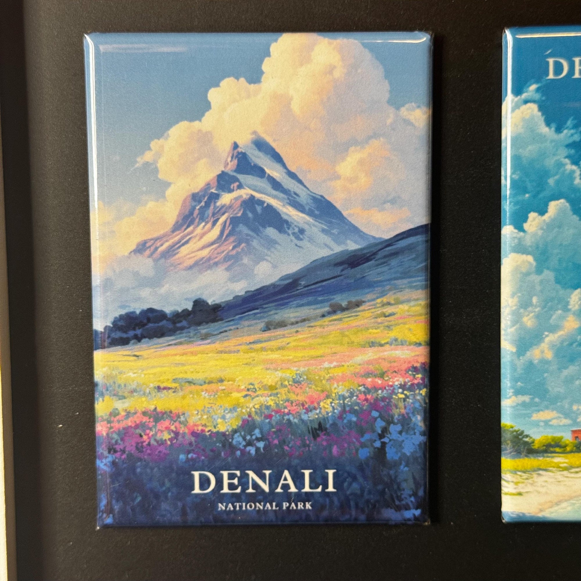 The image is a framed magnet depicting a scenic landscape with a snow-capped mountain, a field of flowers, and a cloudy sky.