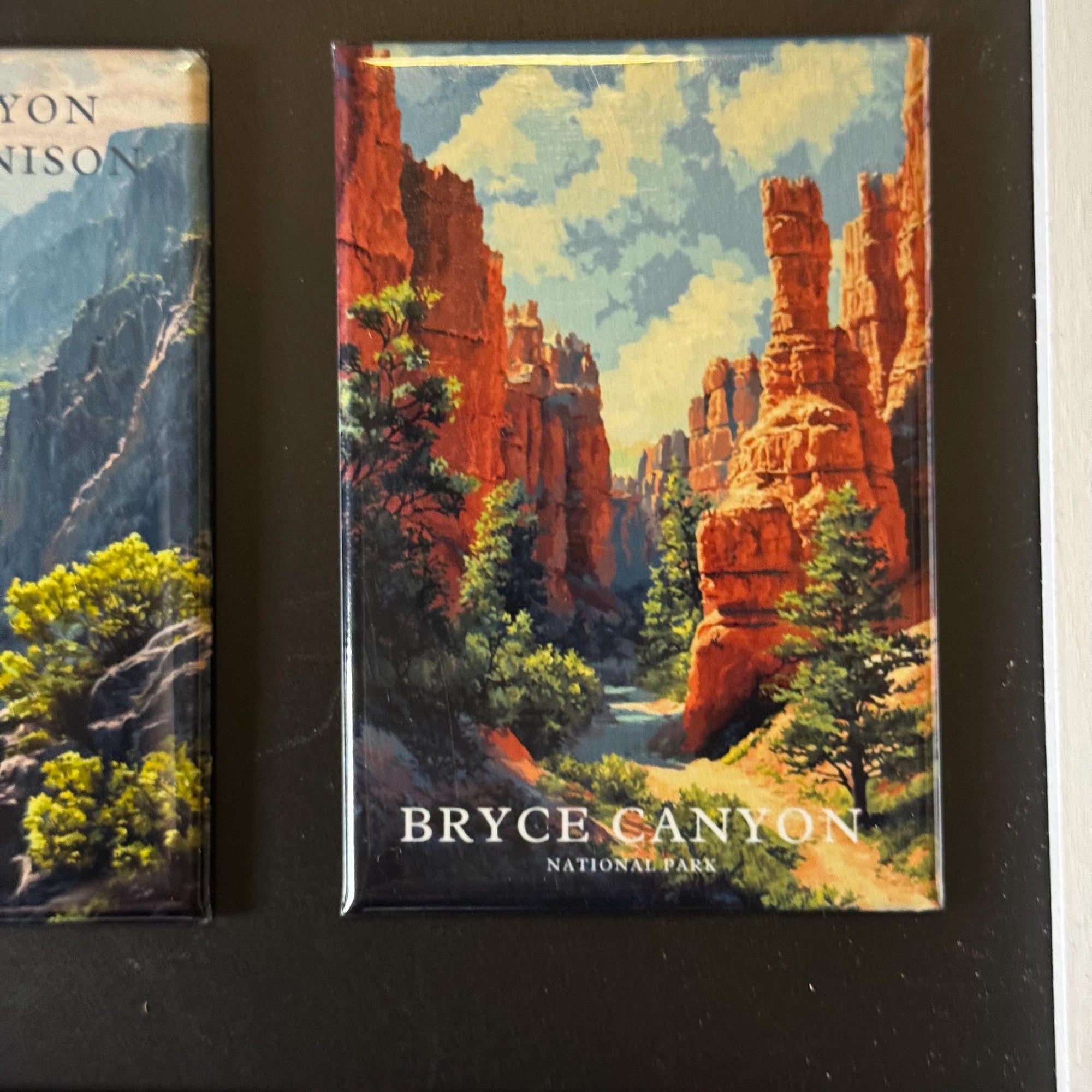 The image is a framed magnet depicting a scenic view of Bryce Canyon National Park, showcasing the iconic red rock formations and lush vegetation.